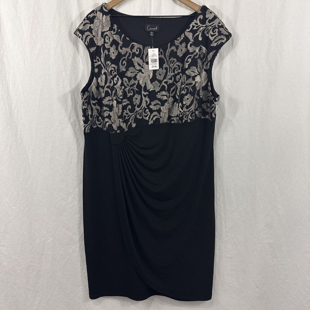 Connected Apparel Black Silver Embroidered Ruched Faux Wrap Dress Women’s Sz 22W